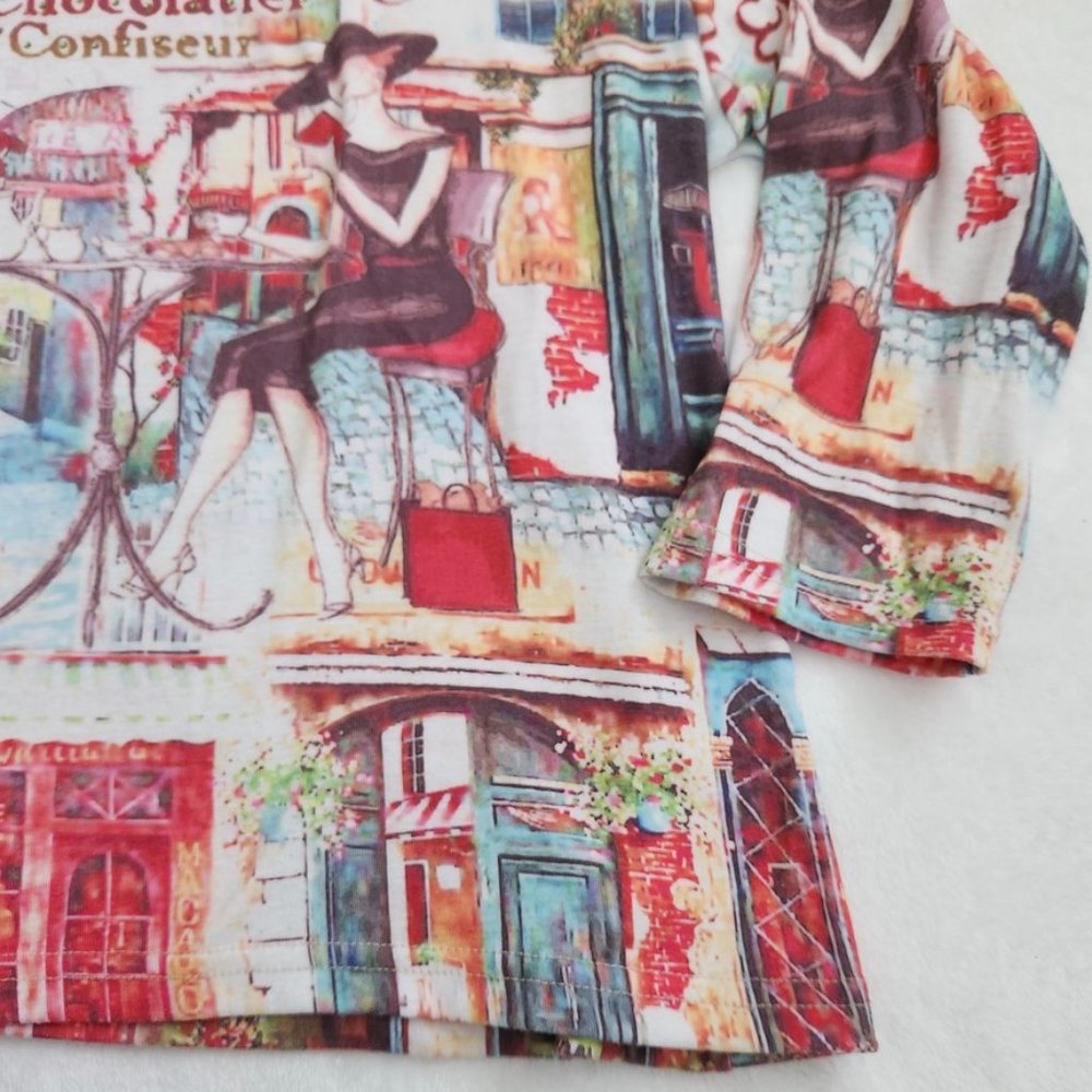Vintage 90s French Art Print Top Large Paris Cafe J Marco Cyber Rhinestones Y2K - Picture 8 of 16
